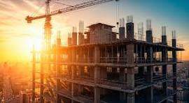 Finished construction at sunset next to 3D render